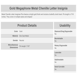 Megaphone Pin. Chenille Pins Pack of 4. Varsity Letter Pins for Recognition and Achievement