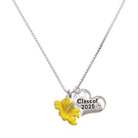 Delight Jewelry Silvertone Yellow Hibiscus Flower Silvertone Class of 2025 Heart Charm Necklace, 18"+1" Extender