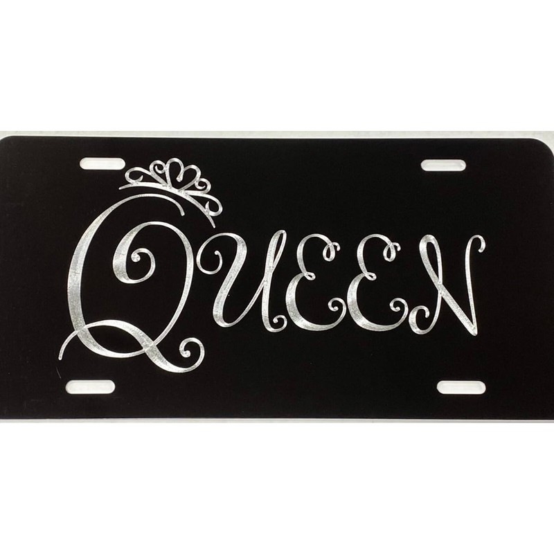 Queen Crown Car Diamond Etched Engraved on Black Aluminum Metal