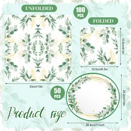Yiyiring 150 Pcs Eucalyptus Party Supplies, 50pcs Eucalyptus Paper Plates 11inch and 100pcs Paper Napkins 13 inches for Tea Party Spring Summer Floral Party