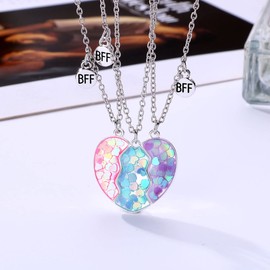 Lezmoii Best Friend Necklace Friendship Necklace Magnetic Matching Heart BFF Necklace for 3 Girls Friendship Gifts (Blue Pink Purple Heart)