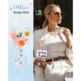 JoySolar 2 Pack Dried Flower Badge Reel Retractable - Cute Pink Yellow Mouse Retractable ID Name Card Badge Reel Holder with Alligator Clip, Nurse Office Medical Worker Student Accessories Gifts