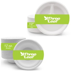 three leaf 10 Inch 3 Compartment Bagasse Plate and 12 Oz. Bagasse Bowl Combo, 50 Ct. Each, Disposable Tableware, 100% Biodegradable