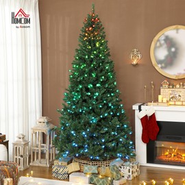 HOMCOM 7.5ft Prelit Christmas Tree with Dimmable RGB LEDs, Remote Control, Daily Timer, Artificial Fir Holiday Decoration, Hinged Xmas Tree with 6 Dynamic Modes, Metal Stand, Easy Assembly, Green