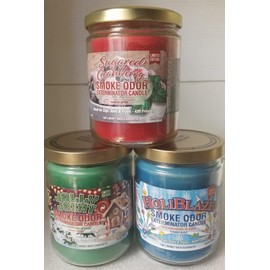 Smoke Odor 13 oz Jar Candles Holidays & Christmas Variety Fragrances Set of Three candles Sugared Cranberry, Holiblaze & Jolly Joint.