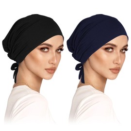 2 Pcs Women's Hijab Undercap Head Wraps Head Scarf for Sleeping Islamic Muslim Under Hijab Cap with Tie Back Closure Solid Color Chemo Headwear Scarf Hats Underscarf Turban