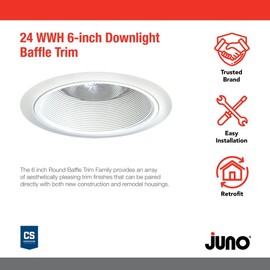 Juno 6-Inch Round Tapered Baffle Recessed Lighting Trim, Glare-Reducing Snap-in Trim for Can Lights, Fits IC2, TC2 and TC2R Housings, White Finish