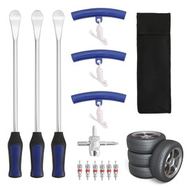 DASBET 14.5" Tire Spoon Tool Kit, Tire Changing Tools Removal Tools for Motorcycle, Dirt Bike, ATV, Including 3 Tire Spoons, 3 Rim Protectors, 6 Valve Cores, 1 Valve, 1 Portable Bag
