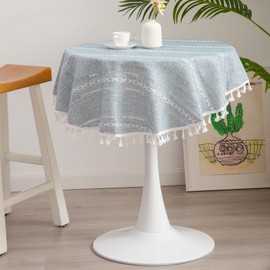 Hpxrom Rustic Linen Round Small Tablecloth Striped Embroidered Washable Blue Table Cover Farmhouse Stitching Tassel Table Cloth for End Table Kitchen Dining Room Tabletop Decoration 36 Inch