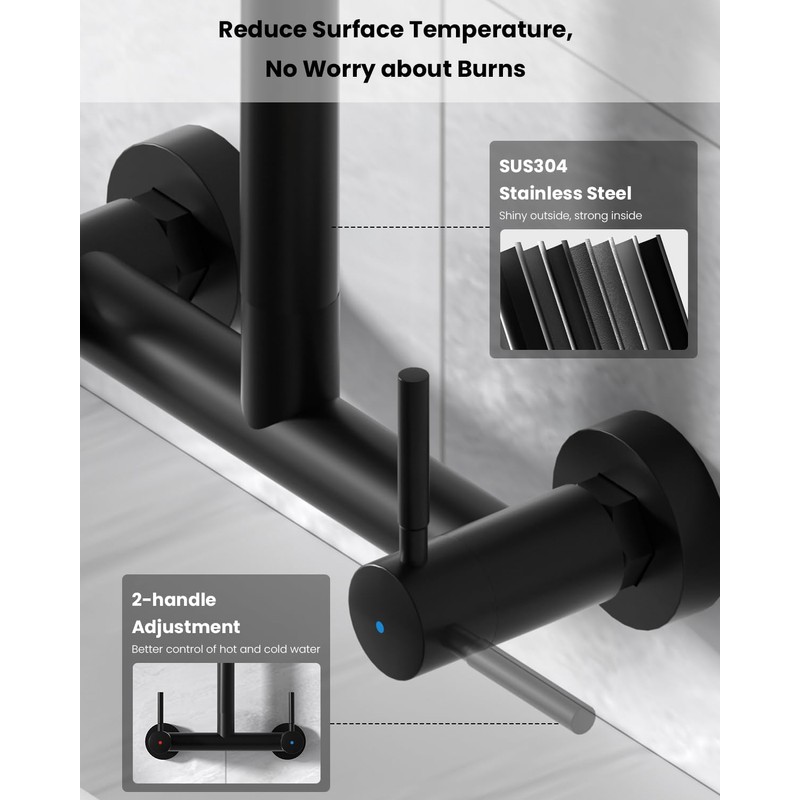 Matte Black Wall Mount Kitchen Sink Faucet 2 Handles, 8
