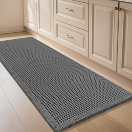 IM HOME Waffle Bath Mat Grey 4'x2', Boho Woven Modern Bath Mat Rugs, Absorbent Non Slip Bathroom Rugs, Soft Washable Bath Rugs with Tassels for Bathroom, Bedroom, Kitchen, Shower, Tub