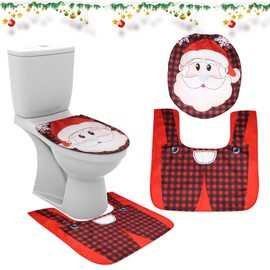Toilet Set Christmas Decoration Toilet Lid Bathroom Decoration Santa Bath Mat Toilet Christmas Novelty Lid Floor Carpet Toilet Cushion Christmas Decoration Cartoon (Red)