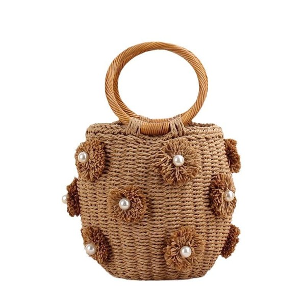 Pearl Flower Bucket Straw Handbag, Summer Beach Tote Bag with