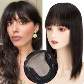 Lovenea 13x15cm Human Hair Topper with Bangs 14 Inch Straight Human Hair Silk Base 130% Density Clip In Toppers Hairpieces for Women With Hair Loss Thinning Hair Natural Black (1B#, 14 Inch)