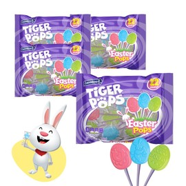 Tiger Pops Assorted Easter Candy, 4-Pack – Individually Wrapped Bulk Lollipops for Kids – Easter Basket and Egg Fillers – 3 Flavors: Cherry, Blue Raspberry, Watermelon – 7 oz Bag, 22 Count Per Pack