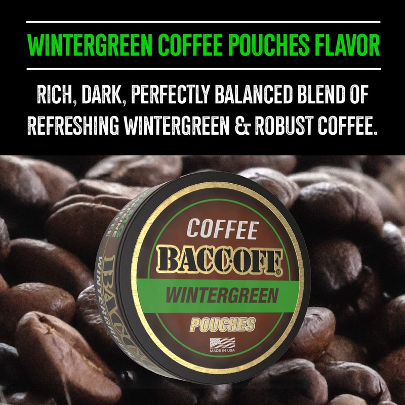 5 Cans, BaccOff Wintergreen Coffee Pouches, 50 MG of Caffeine