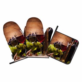 Samgula Red White Wine Oven Mitts and Pot Holders Sets Glass Goblet French Elegant Retro Heat Resistant 3pcs for Cooking Baking BBQ