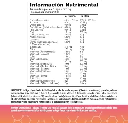 Vitaminas Premium De Biotina, Colágeno, Ácido Hialurónico Y Queratina Con Vitamina B1, B2, B3, B5, B6 Y B12  18 Ingredientes activos - 200 Cápsulas