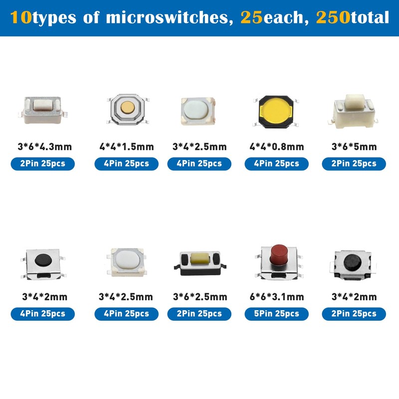 CHRI 250pcs Tactile Push Button Switch Micro Switch Momentary Tact