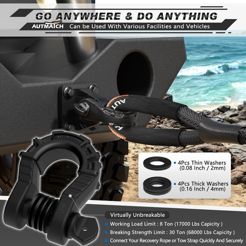 AUTMATCH D Ring Shackles 3/4" Mega Shackle (2 Pack) 68,000Ibs