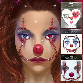 Clown Face Gems Day of the Death Scary Face Jewels Face Jewels Fake QN Tattoo Stickers,3-Pack