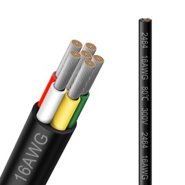 16 Gauge 6 Conductor Electrical Wire, 50FT 2464 16AWG 6 Wire Cable Black PVC Stranded Tinned Copper, 16/6 Cord Extension Low Voltage Cable