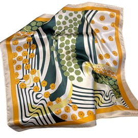 JERLA 100% Pure Mulberry Silk Square Scarf for Hair-26''x26'' Women Men Natural Silk Neckerchief Headscarf Bag scarf (Green and yellow flower)