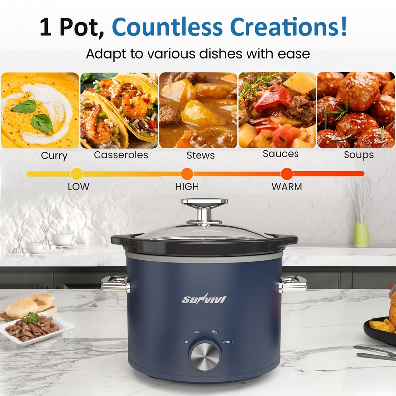 Sunvivipro 2QT Small Slow Cooker with Removable Ceramic Pot, Food