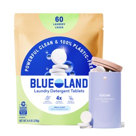BLUELAND Laundry Detergent Tablets, Starter Set, 60 Count with Tin, Plastic-Free Eco-Friendly Pods, Sheets, Liquid Alternative - Fragrance Free and Clear, Natural, Gentle