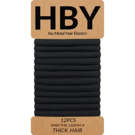 HBY Women's Hair Ties for Thick or Curly Hair. No Slip Seamless Ponytail Holders Sports Thick Hair Ties, Black, 8MM, 12 Pcs