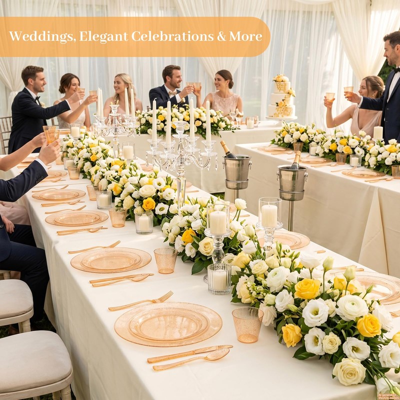 350PCS Orange Glitter Plastic Dinnerware Set for 50 Guests