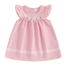 Kayotuas Toddler Girl Easter Dress Bunny Embroidery Flutter Sleeve Dresses Infant Baby Easter Outfit A-Line Casual Sundress (Pink Stripes Bunny, 2-3 Years)