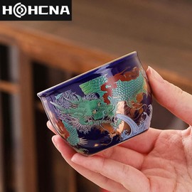 HOHCNA Royal Style Enamel Tea Cups Set of 2, Hand Painted Dragon Pattern Ceramic Tea Cup, 4 OZ Chinese Gongfu Tea Ceremony Cup (Blue, Black)