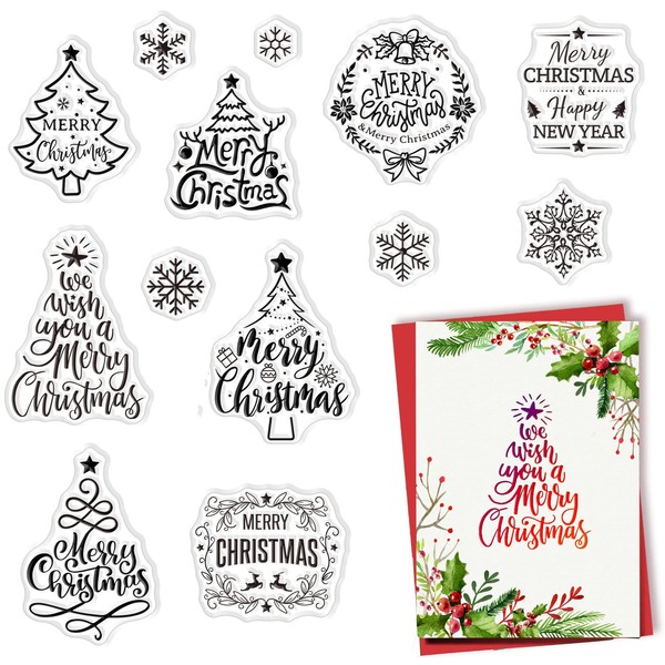 CRASPIRE 13PCS Merry Christmas Tree Clear Stamps Transparent Rubber Stamps