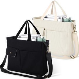 Sadnyy 2 Pack Corduroy Tote Bag for Women with Pockets Large Crossbody Purse for Work Laptop College (Black,Beige)