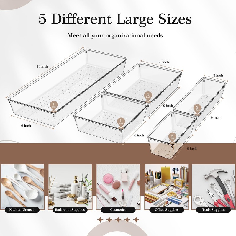 Criusia Clear Drawer Organizer 7 PCS - 5 Large Size