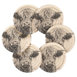 Msyxl Vintage Highland Cow Drink Coasters Set - 6 Pcs Minimalist Woven Coasters with Holder for Home Decor, 3.94 Inch Absorbent Coasters for Drinks