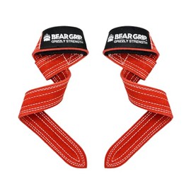 BEAR GRIP - Leather Weight Lifting Straps for Gym, Bodybuilding, Powerlifting, Crossfit and more (Red Dual Ply, Non-Padded)