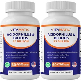 Vitamatic Acidophilus Bifidus 25 Billion DR Capsule - 60 Count - Digestive Support - Made with Prebiotic Inulin Fiber - 2 Pack (120 Count)