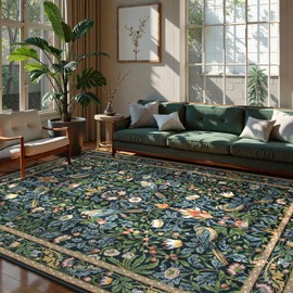 Beeiva Vintage Bird 8x10 Washable Rugs for Living Room, Botanical Non Slip Large Carpet for Bedroom, Stain Resistant Dining Room Rugs for Under Table Dorm Classroom Decor (Dark Green/Navy Blue)
