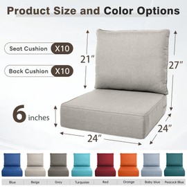 Belord Luxury 6" Thick Outdoor Cushion Set - 24 x24 Inch 28D Sponge Filling Fade-Resistant Chair Cushion, Spill Proof Removable Patio Furniture Replacement Cushion for Sofa Bench Swing - Beige