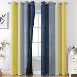 Estelar Textiler Navy Blue and Yellow Ombre Blackout Curtains 90 Inches Long 2 Panels for Living Room,Thermal Insulated Drapes for Bedroom,Full Light Blocking Grommet Curtains for Sliding Door,52Wx90L