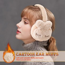 Bseical Ear Warmers Winter Rabbit Earmuffs, Plush Earmuffs for Winter, Cute Rabbit Pattern Design Earmuffs, Adjustable, for Birthday, Christmas, Party Gift, White