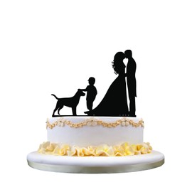 Topper de la torta de boda - novio y novia con un lindo niño y perro de mascota topper de acrílico