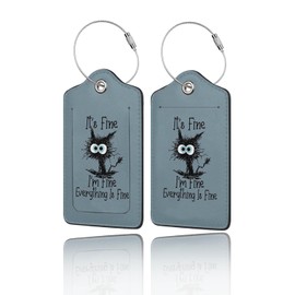 GACCAP 2 Pack Luggage Tags for Suitcase, Privacy Cover ID Label with Stainless Steel and Address Card for Travel Bag Backpack Cruise Ship Essentials Tag Women Men - I'm Fine Funny Cat