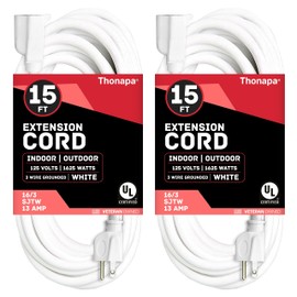 Thonapa 2 Pack White Extension Cord 15 ft, 16/3 SJTW Weatherproof Indoor & Outdoor Extension Cord 3 Prong Grounded Plug, Heavy Duty Power Cable Great for Home, Office, Outdoor Lights, US Veteran Owned