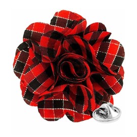 Vittorio Vico Men's Plaid Flower Lapel Pin - Brooch, Boutonniere for Men (Red & Black with Silver)