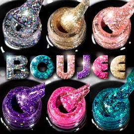 Beetles Boujee Glitter Gel Polish Set, 6 Pcs Pink Silver Gel Nail Polish Kit Glitter Purple Green Gold Nail Polish Gel Kit Art Design Gift Box, Soak Off LED Gel Nail Lamp Cured, 7.3 ml Each Bottle