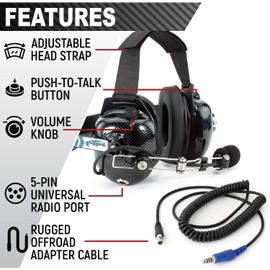 Rugged Radios Carbon Fiber Behind The Head Headset and Adaptor Cable for Intercoms – Features 5-Pin to Off Road Coil Cord and Volume Control Knob 3.5mm Input Jack