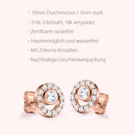 day.berlin Stud Earrings Stone 10 mm 18 Carat Gold-Plated Round Women's Earrings with Zirconia Crystals 316L Stainless Steel 1 cm Diameter 3 mm Thick, Nickel-Free and Waterproof, Stainless Steel,
